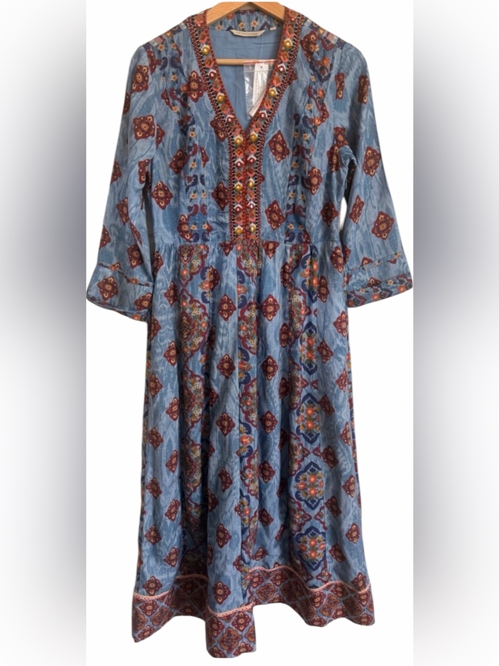 Soft Surroundings Embroidered Boho Midi Dress | Lined | Blue Print XS